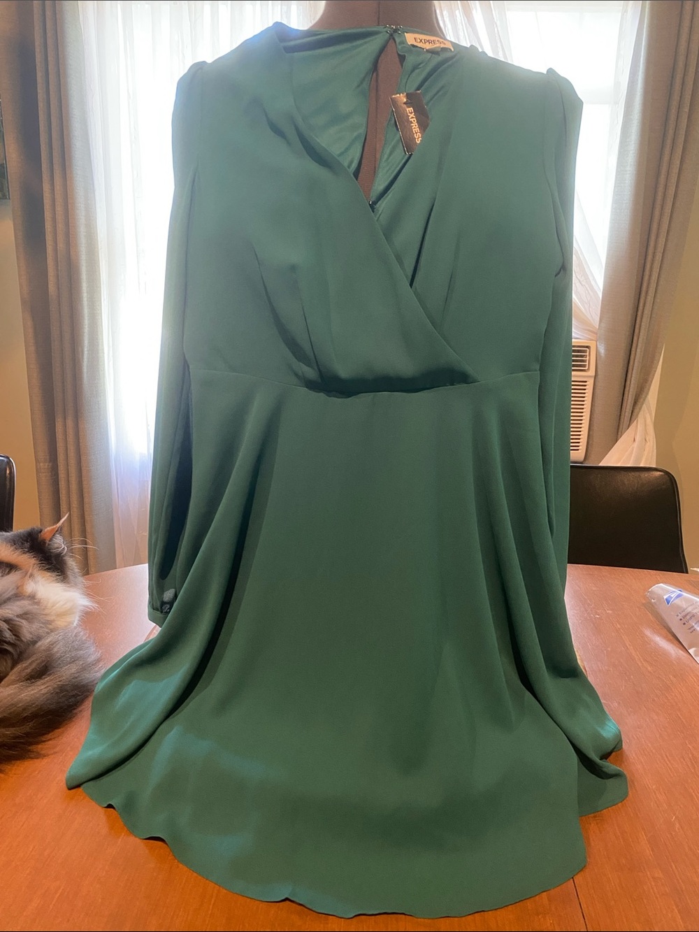 Express Emerald Green long-sleeved dress with a surplice neckline - Size XS